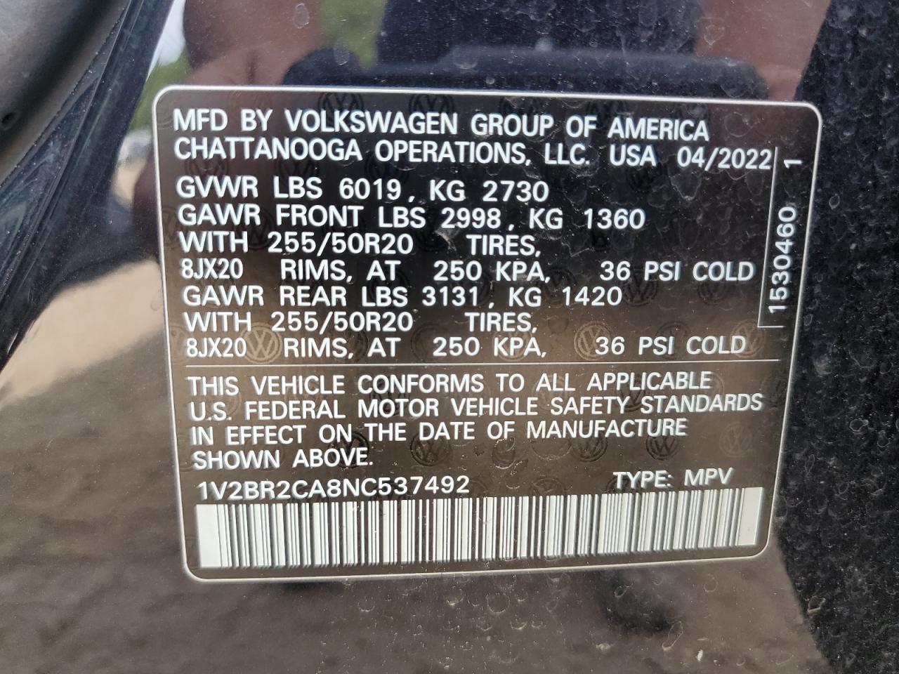 1V2BR2CA8NC537492 2022 Volkswagen Atlas Sel