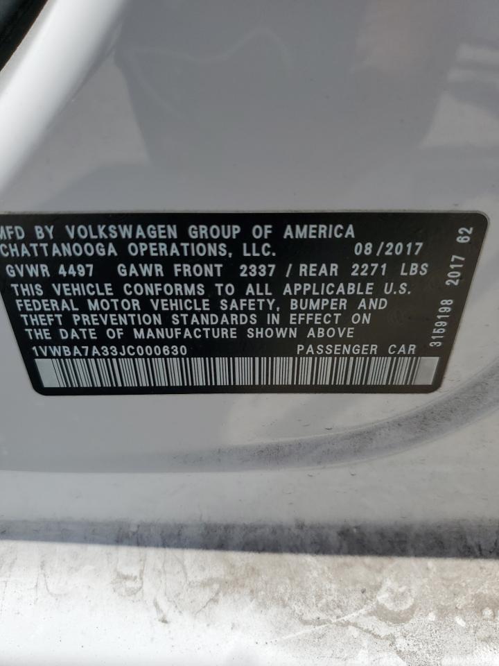 1VWBA7A33JC000630 2018 Volkswagen Passat Se