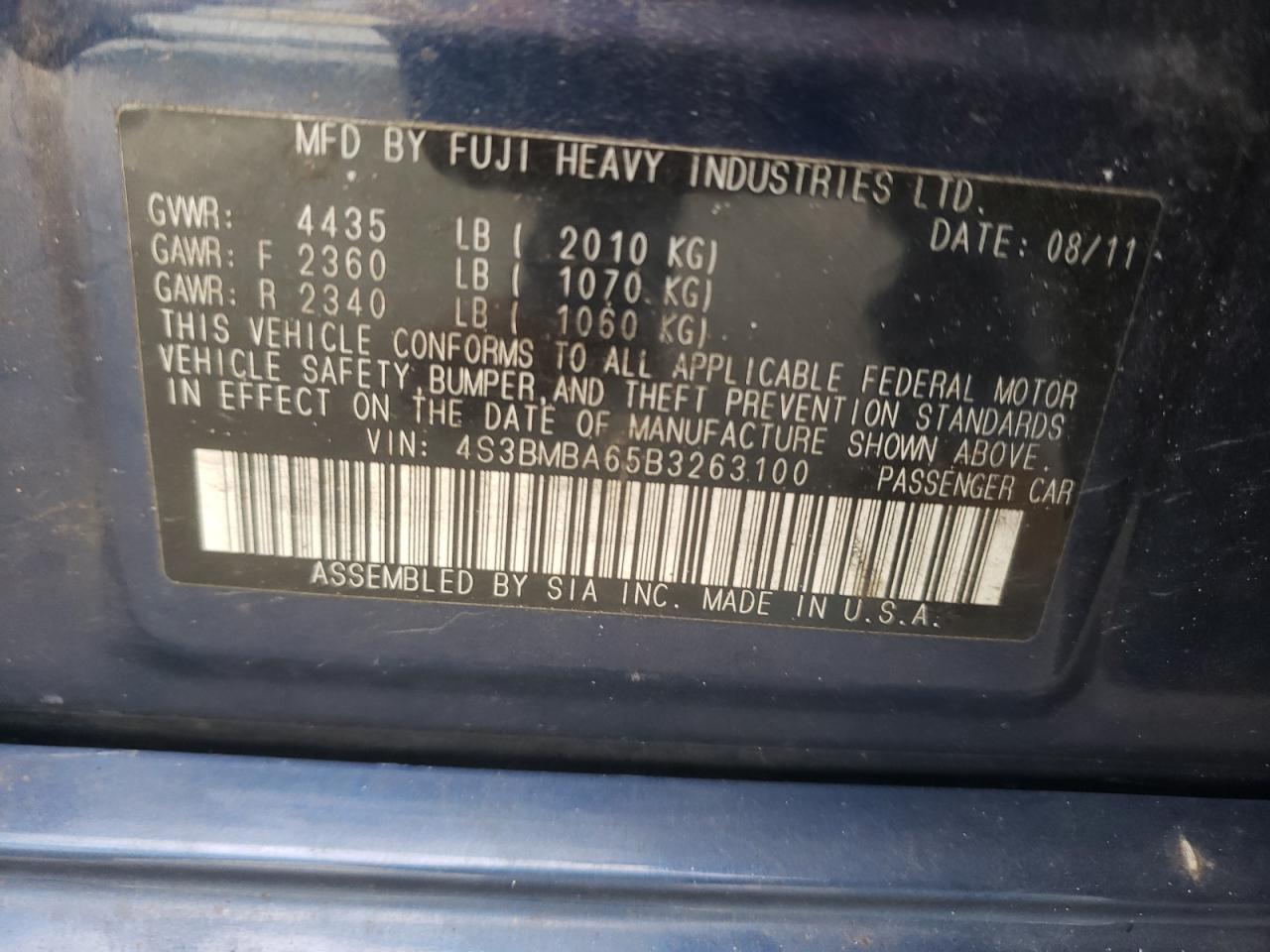 4S3BMBA65B3263100 2011 Subaru Legacy 2.5I