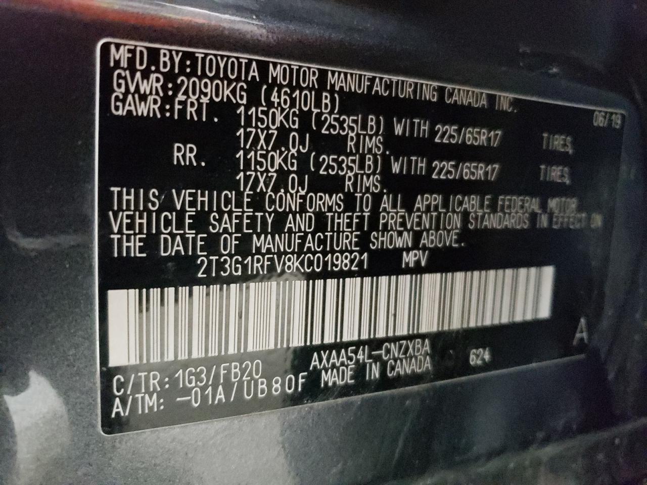 2T3G1RFV8KC019821 2019 Toyota Rav4 Le