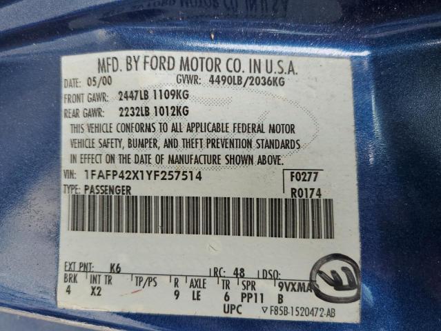 2000 Ford Mustang Gt VIN: 1FAFP42X1YF257514 Lot: 60189304