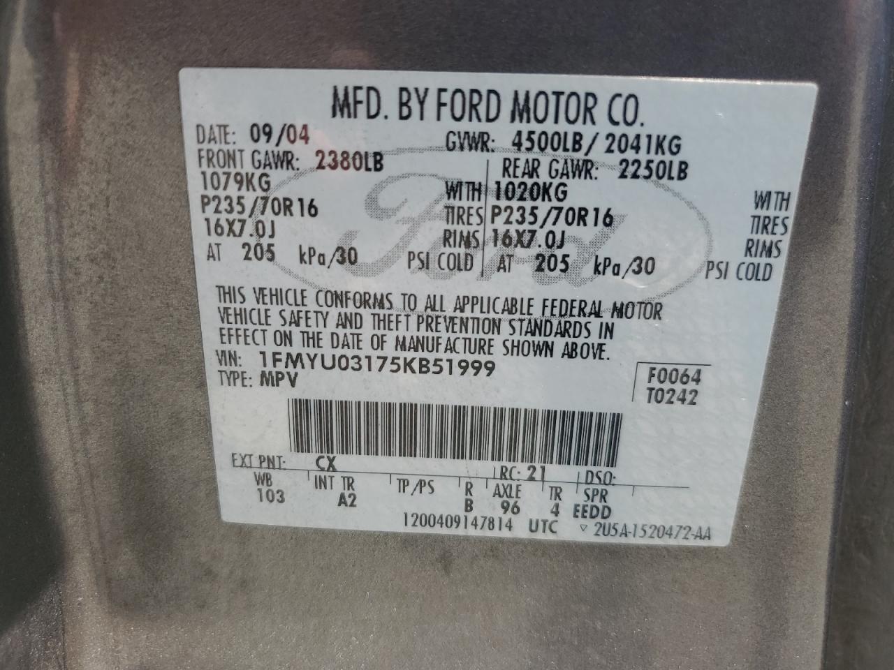 1FMYU03175KB51999 2005 Ford Escape Xlt