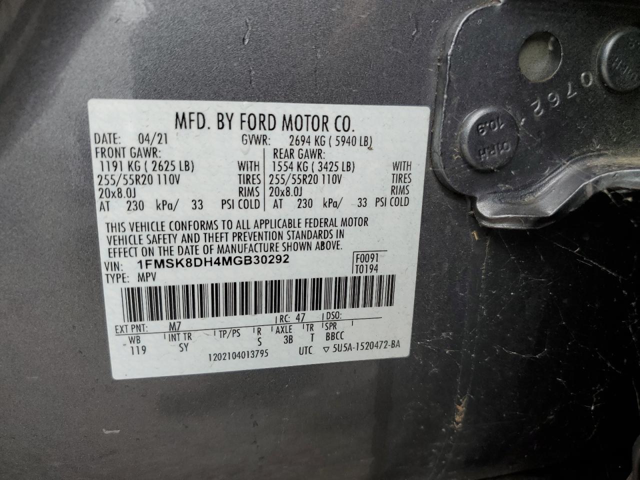 1FMSK8DH4MGB30292 2021 Ford Explorer Xlt