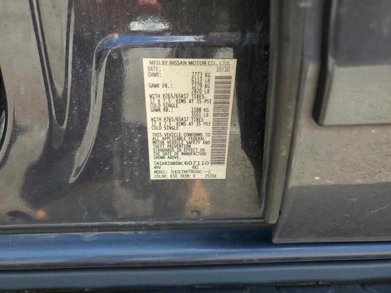 5N1AR1NB6BC607110 2011 Nissan Pathfinder S