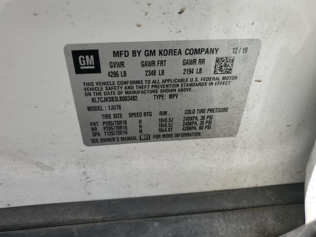 KL7CJKSB3LB083482 2020 Chevrolet Trax Ls