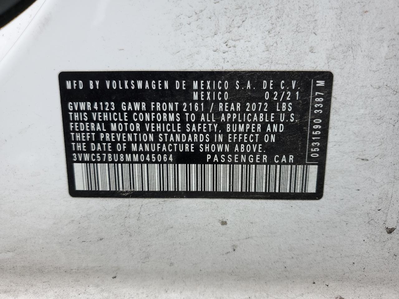 3VWC57BU8MM045064 2021 Volkswagen Jetta S