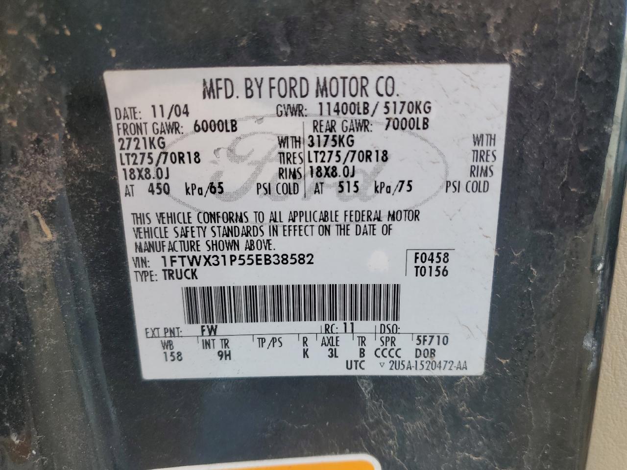 1FTWX31P55EB38582 2005 Ford F350 Srw Super Duty