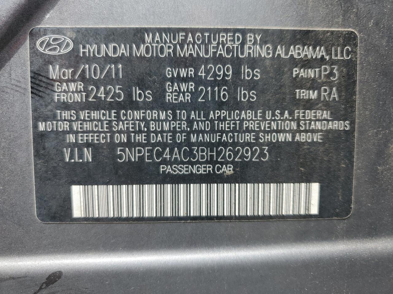 5NPEC4AC3BH262923 2011 Hyundai Sonata Se