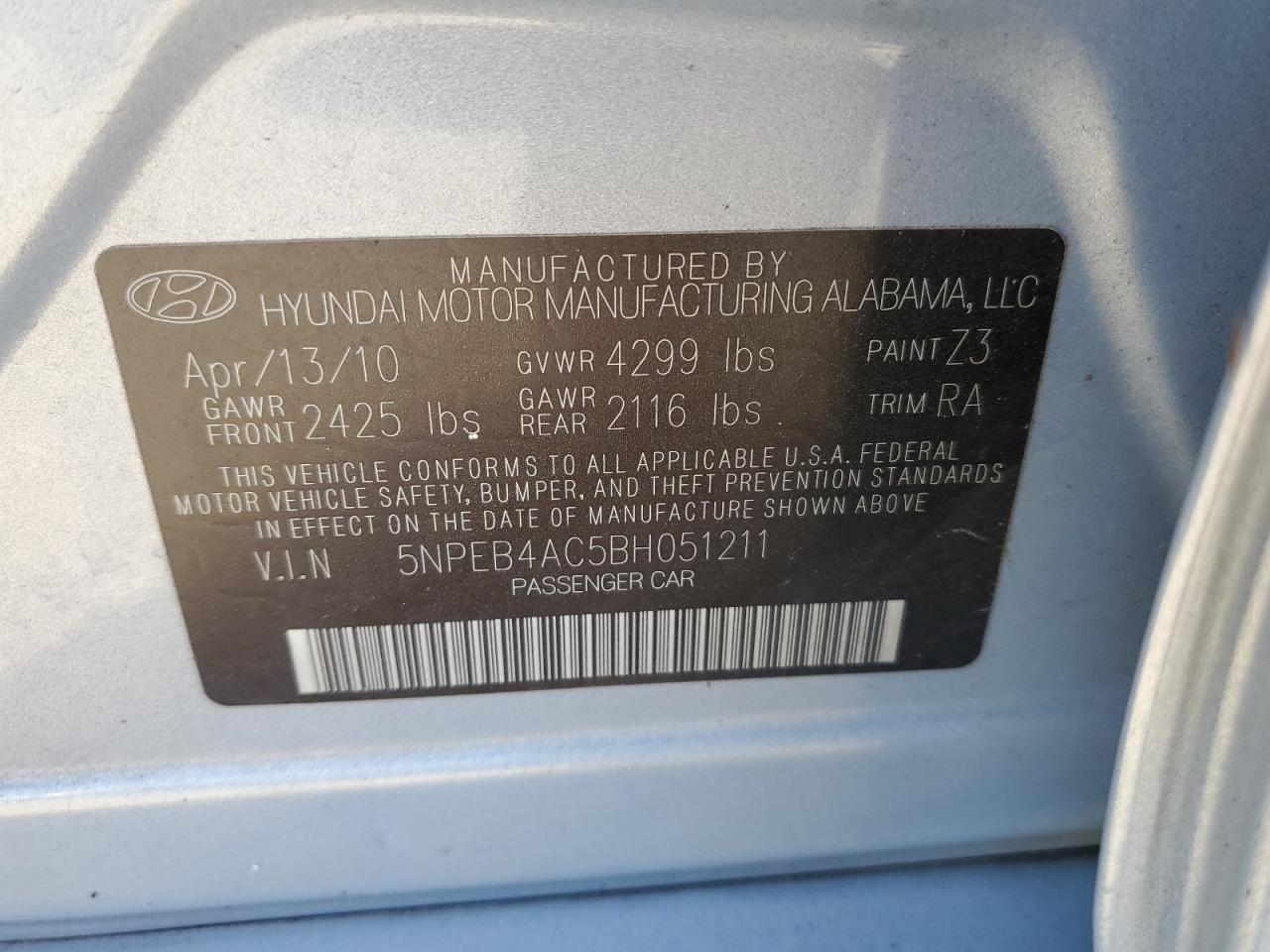 5NPEB4AC5BH051211 2011 Hyundai Sonata Gls