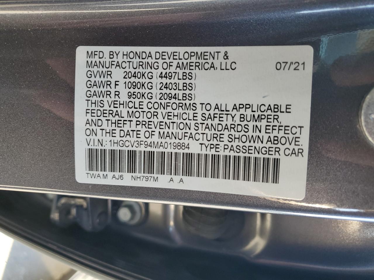 1HGCV3F94MA019884 2021 Honda Accord Touring Hybrid