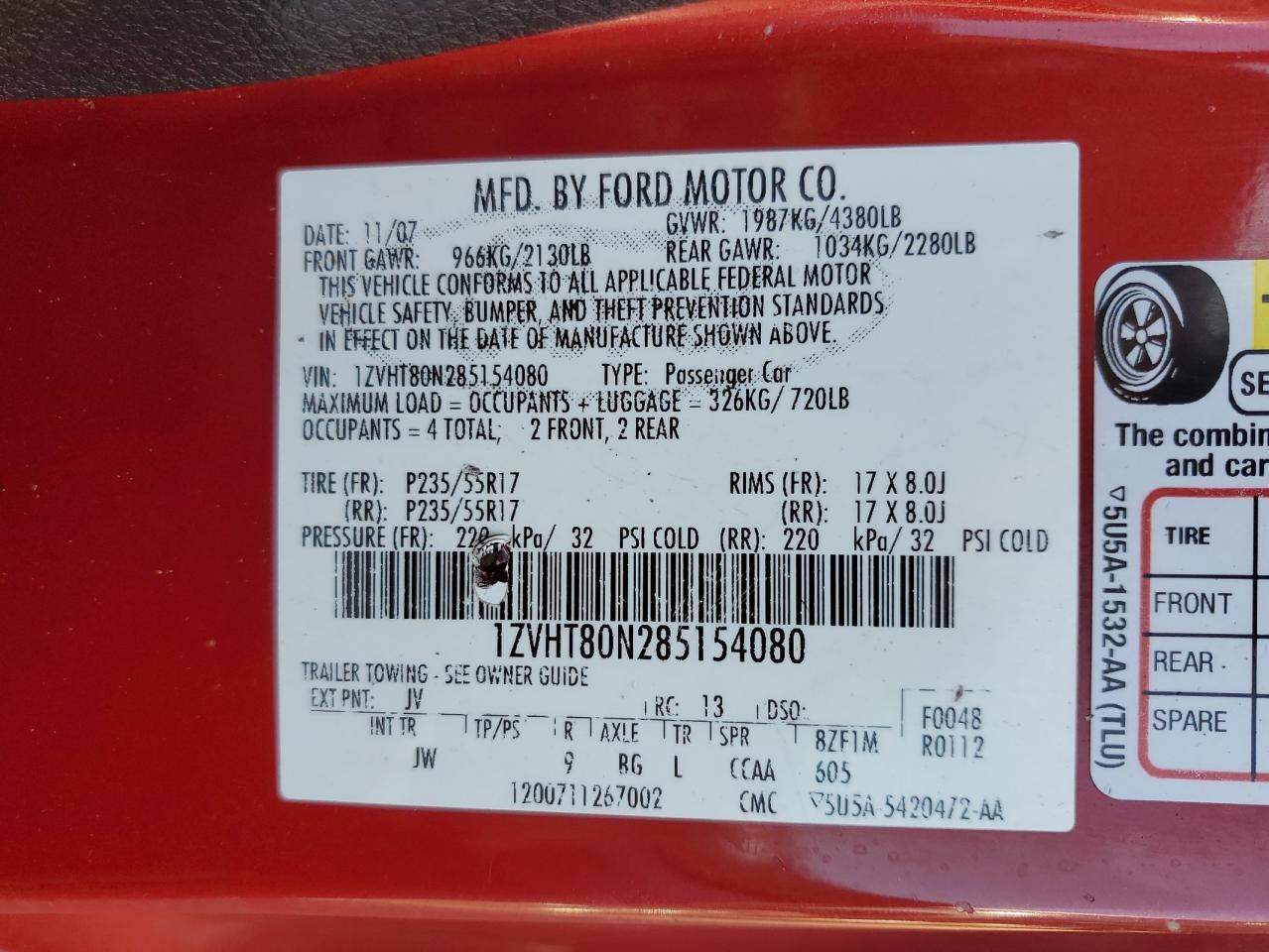 1ZVHT80N285154080 2008 Ford Mustang