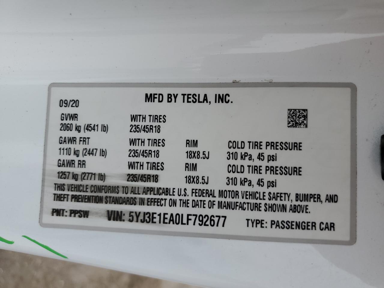 5YJ3E1EA0LF792677 2020 Tesla Model 3