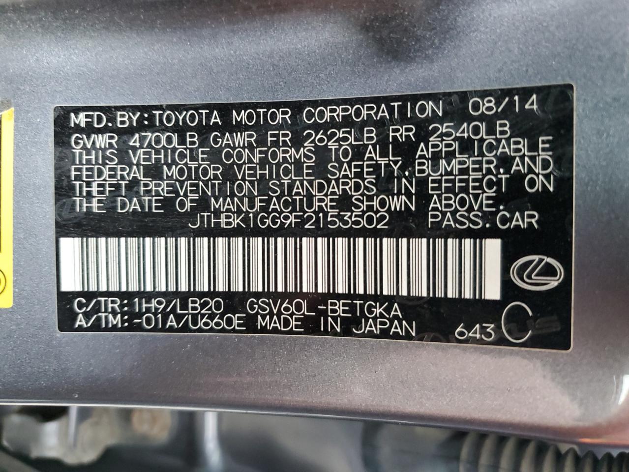 JTHBK1GG9F2153502 2015 Lexus Es 350