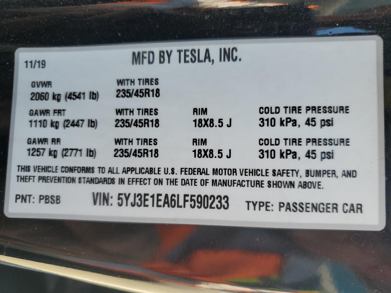 5YJ3E1EA6LF590233 2020 Tesla Model 3