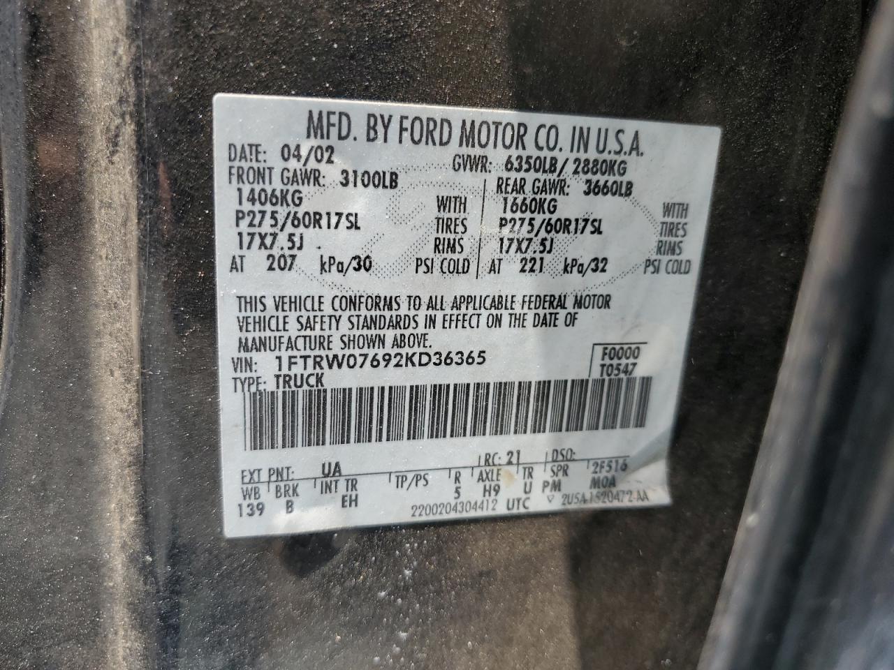 1FTRW07692KD36365 2002 Ford F150 Supercrew