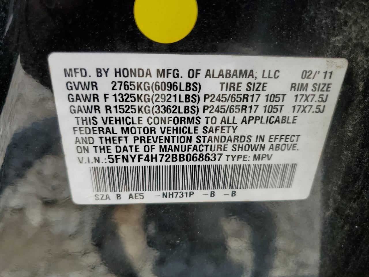 5FNYF4H72BB068637 2011 Honda Pilot Exln