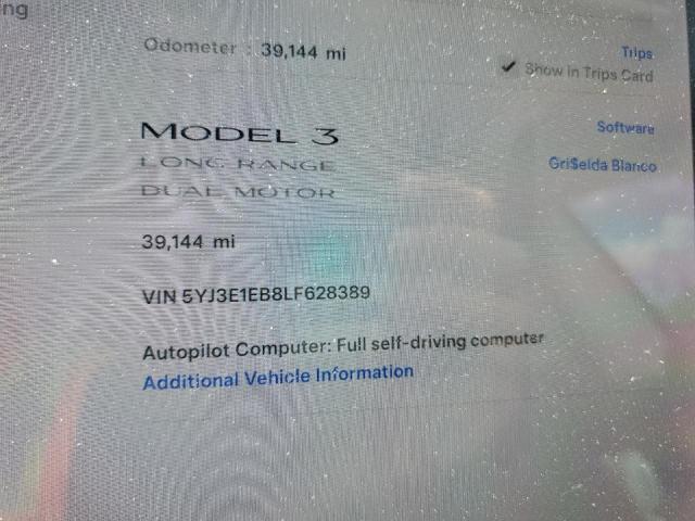 2020 Tesla Model 3 VIN: 5YJ3E1EB8LF628389 Lot: 61336404