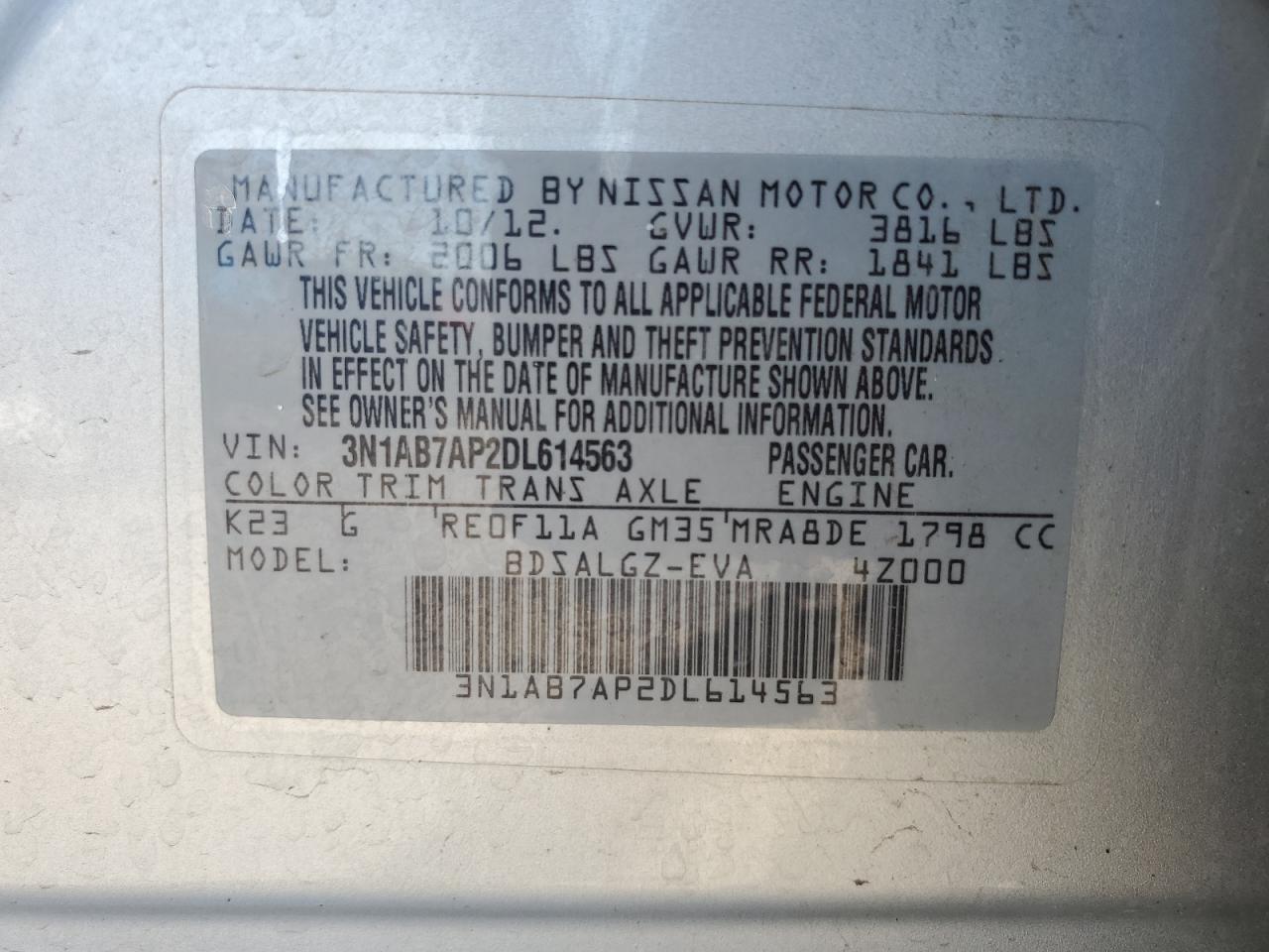 3N1AB7AP2DL614563 2013 Nissan Sentra S