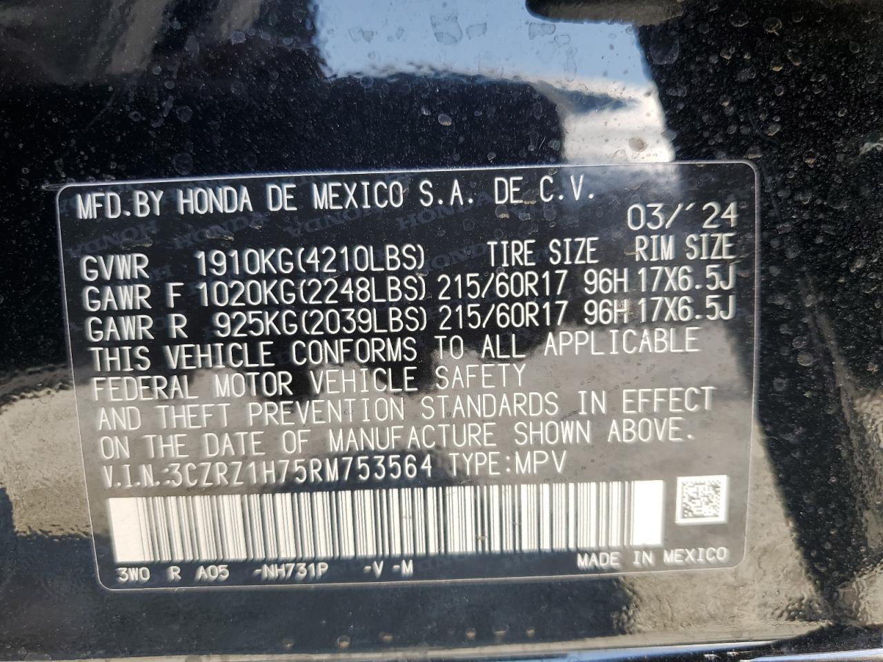 3CZRZ1H75RM753564 2024 Honda Hr-V Exl