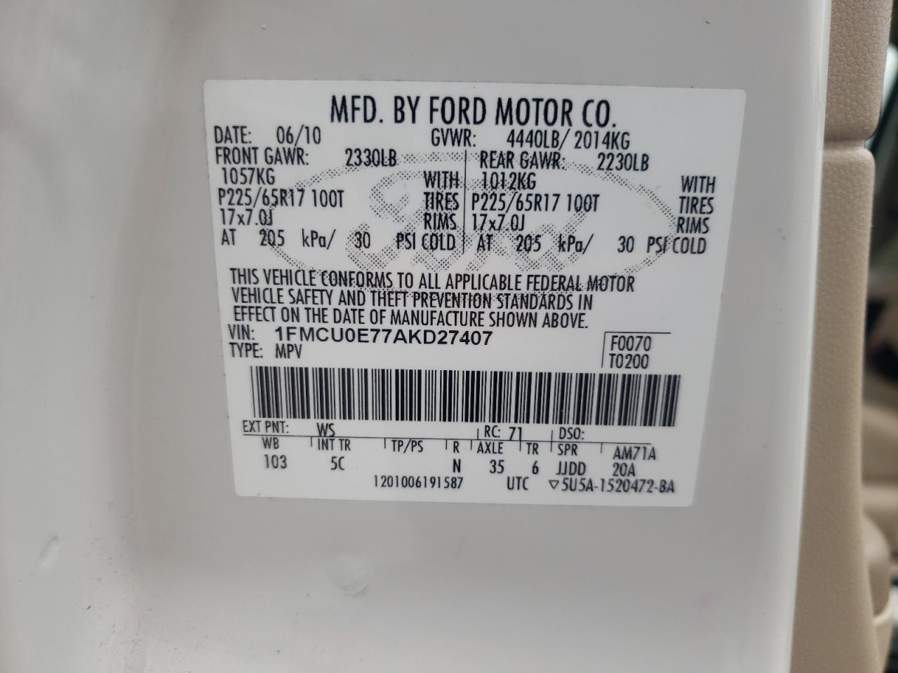 1FMCU0E77AKD27407 2010 Ford Escape Limited