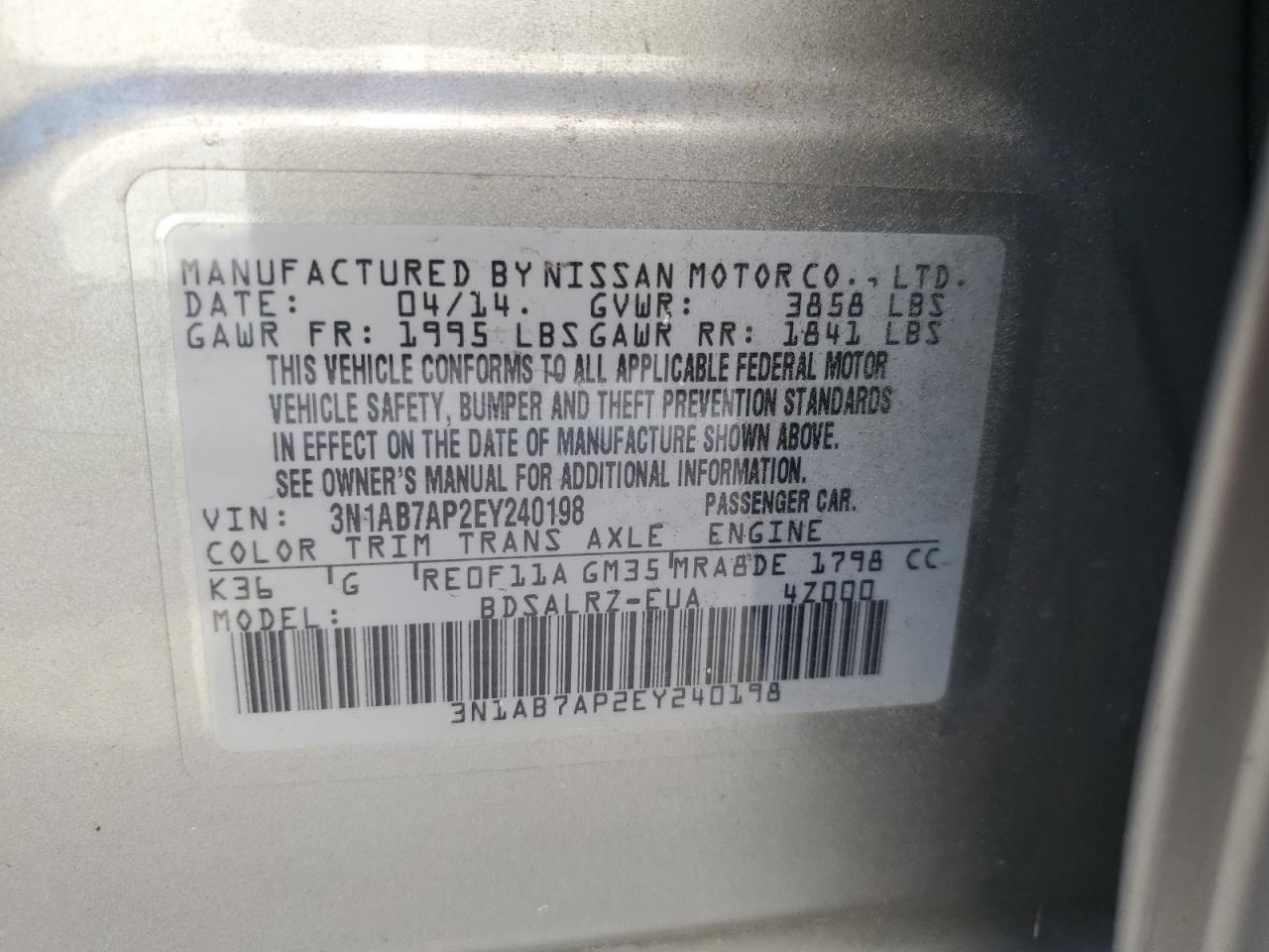 3N1AB7AP2EY240198 2014 Nissan Sentra S