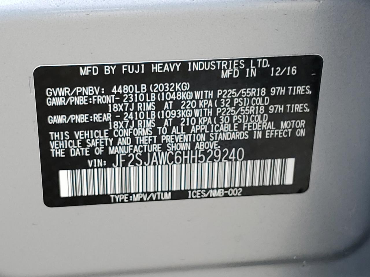 JF2SJAWC6HH529240 2017 Subaru Forester 2.5I Touring