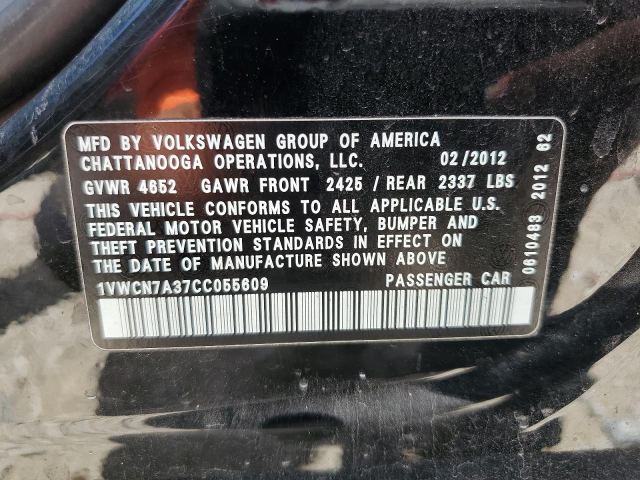 1VWCN7A37CC055609 2012 Volkswagen Passat Sel