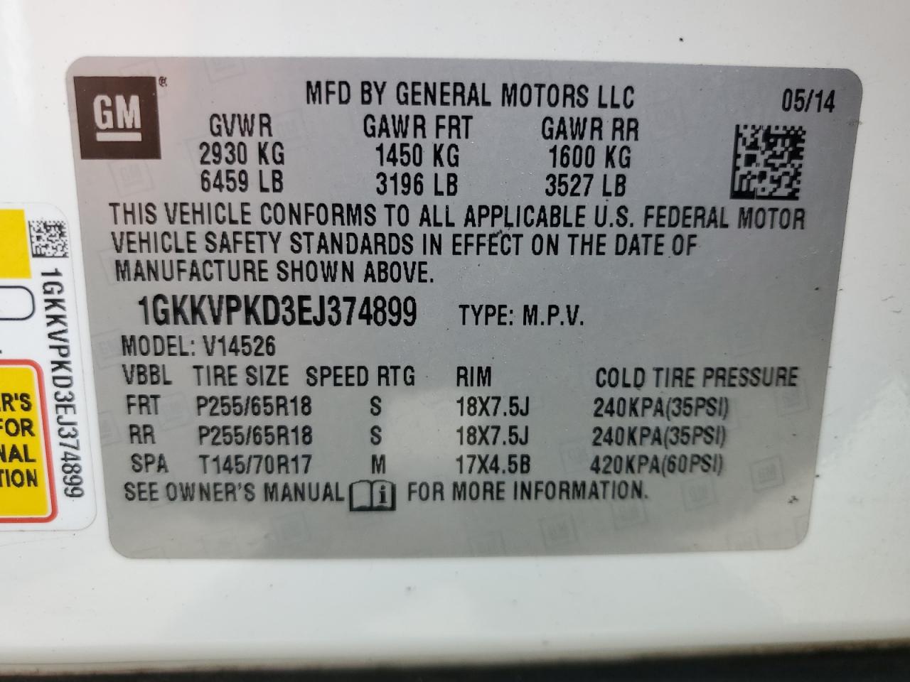 1GKKVPKD3EJ374899 2014 GMC Acadia Sle