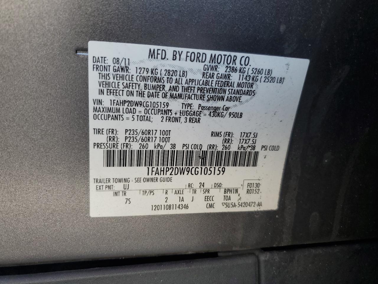 1FAHP2DW9CG105159 2012 Ford Taurus Se