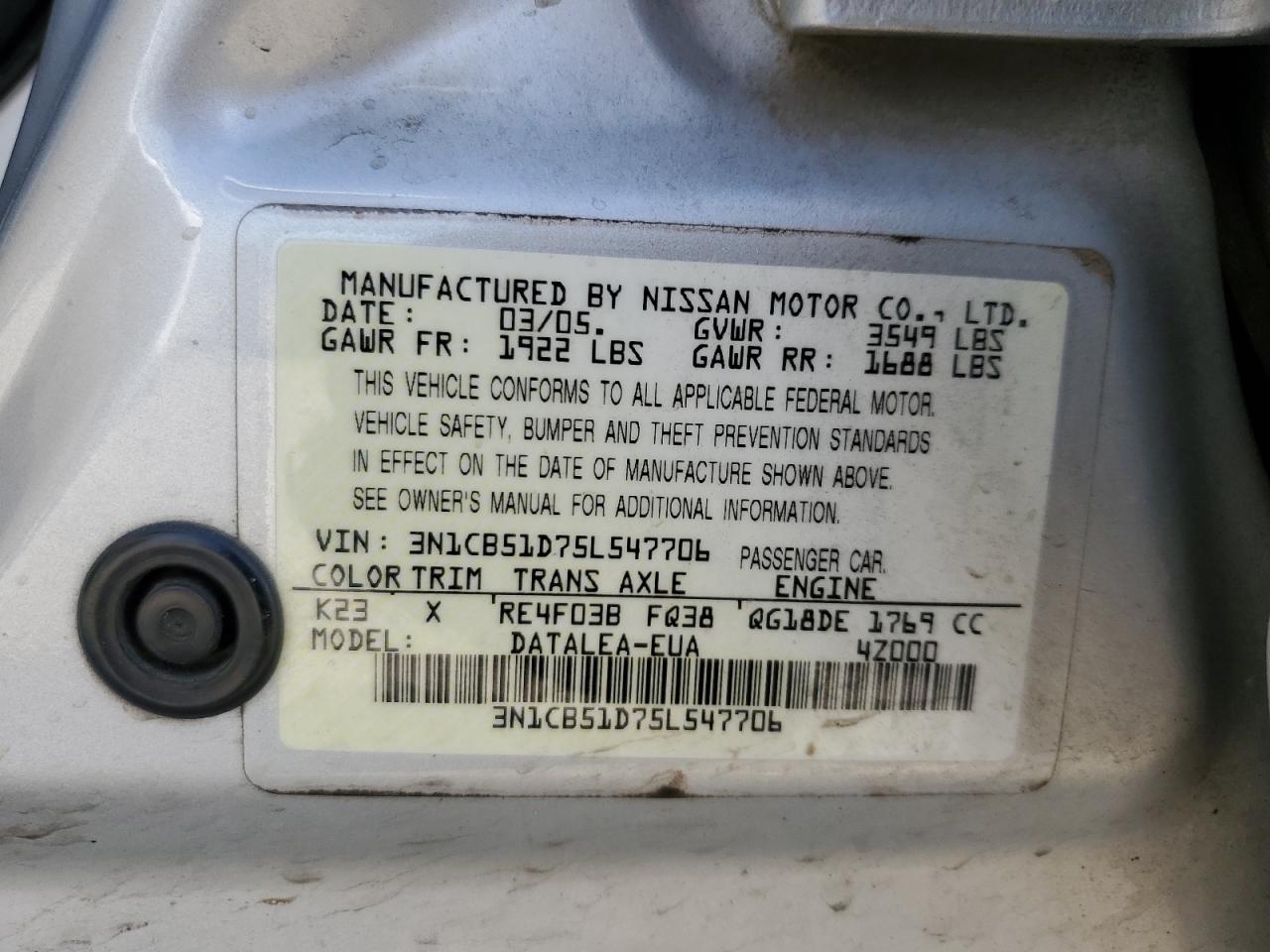 3N1CB51D75L547706 2005 Nissan Sentra 1.8