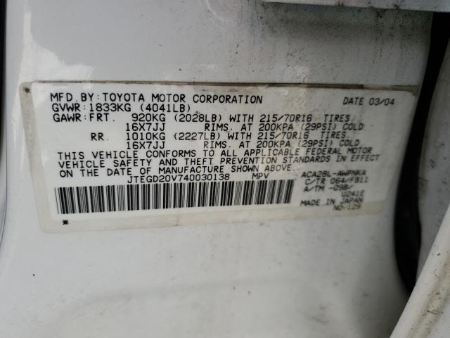 2004 Toyota Rav4 VIN: JTEGD20V740030138 Lot: 62701594