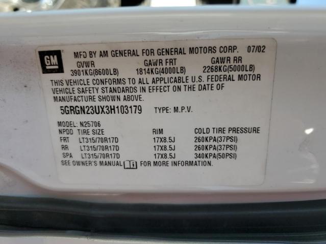 2003 Hummer H2 VIN: 5GRGN23UX3H103179 Lot: 62115174
