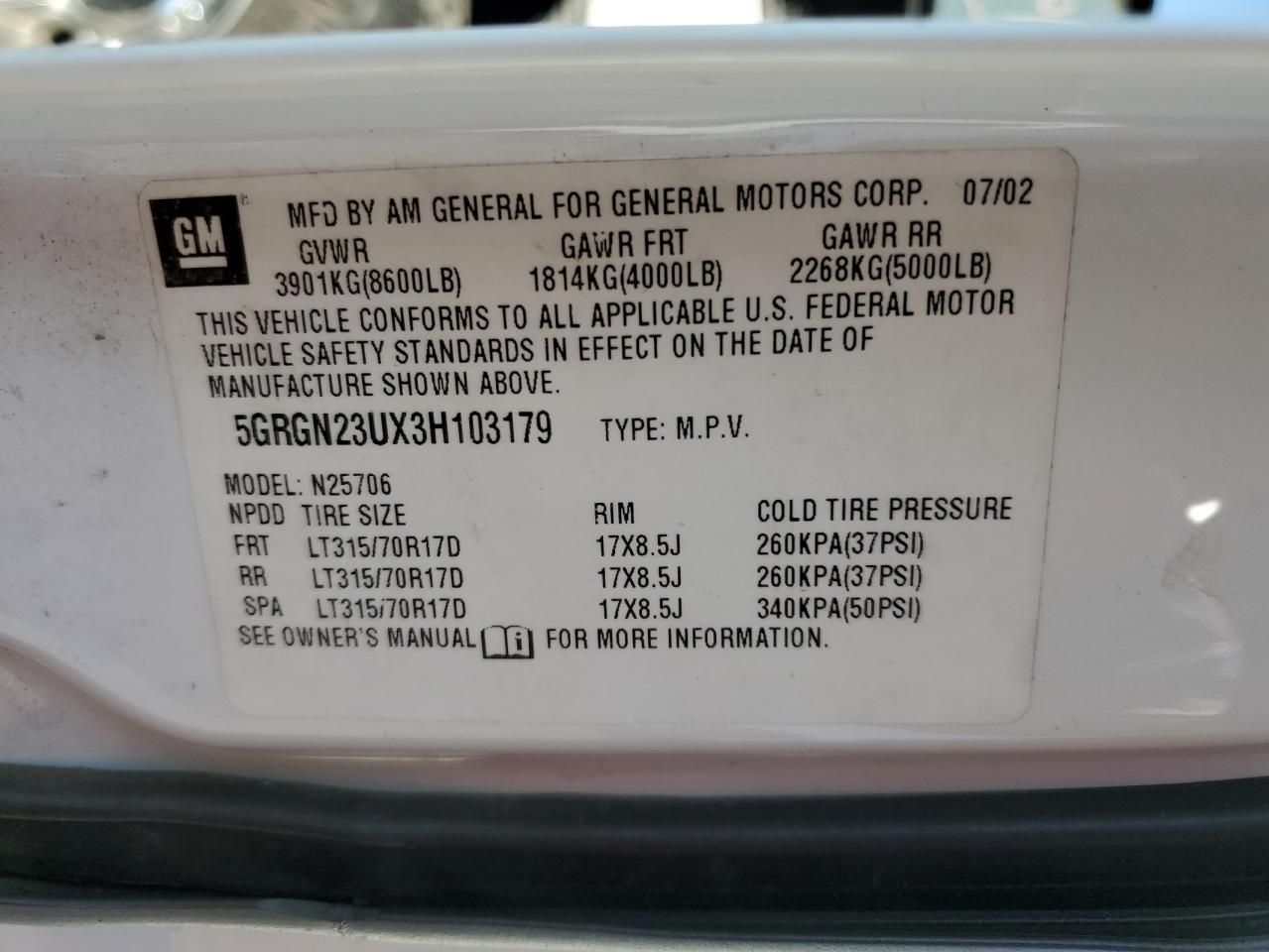 5GRGN23UX3H103179 2003 Hummer H2