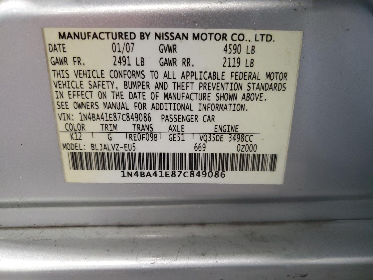 1N4BA41E87C849086 2007 Nissan Maxima Se