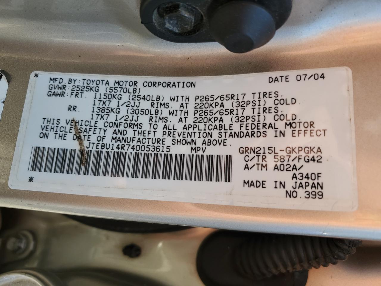 JTEBU14R740053615 2004 Toyota 4Runner Sr5