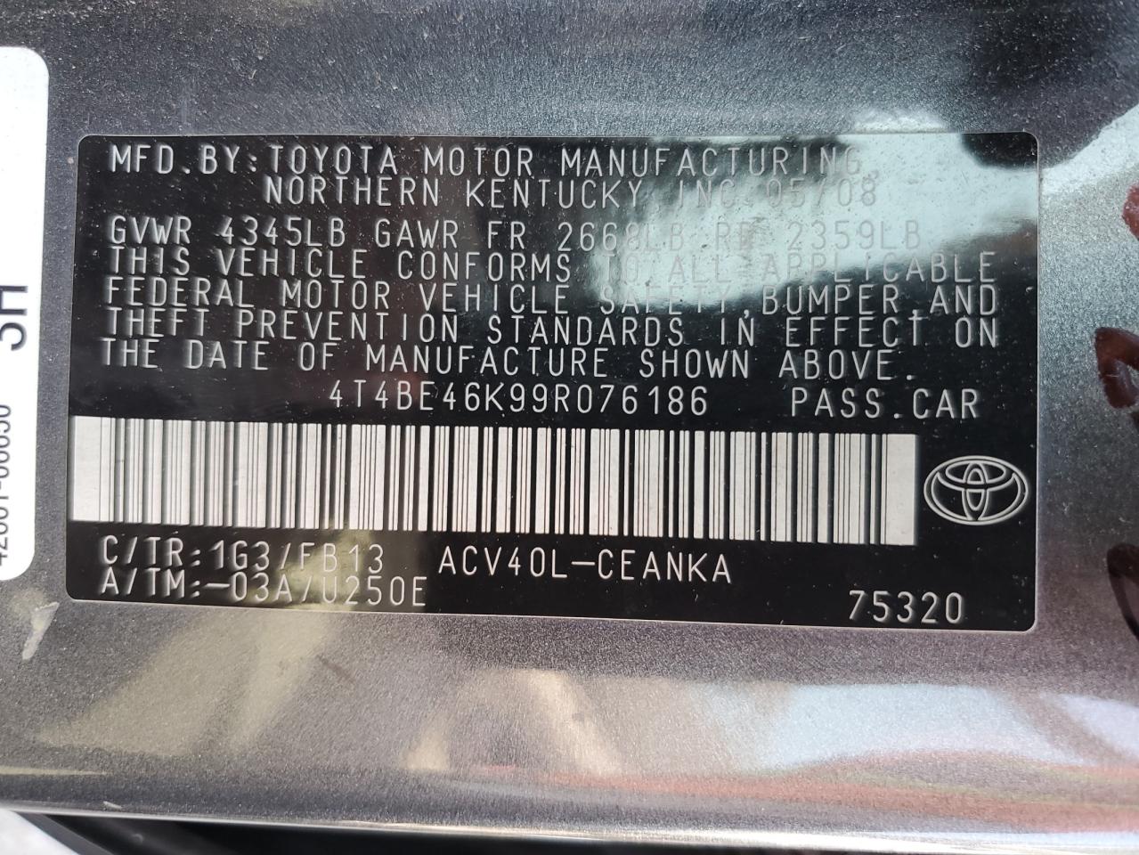 4T4BE46K99R076186 2009 Toyota Camry Base