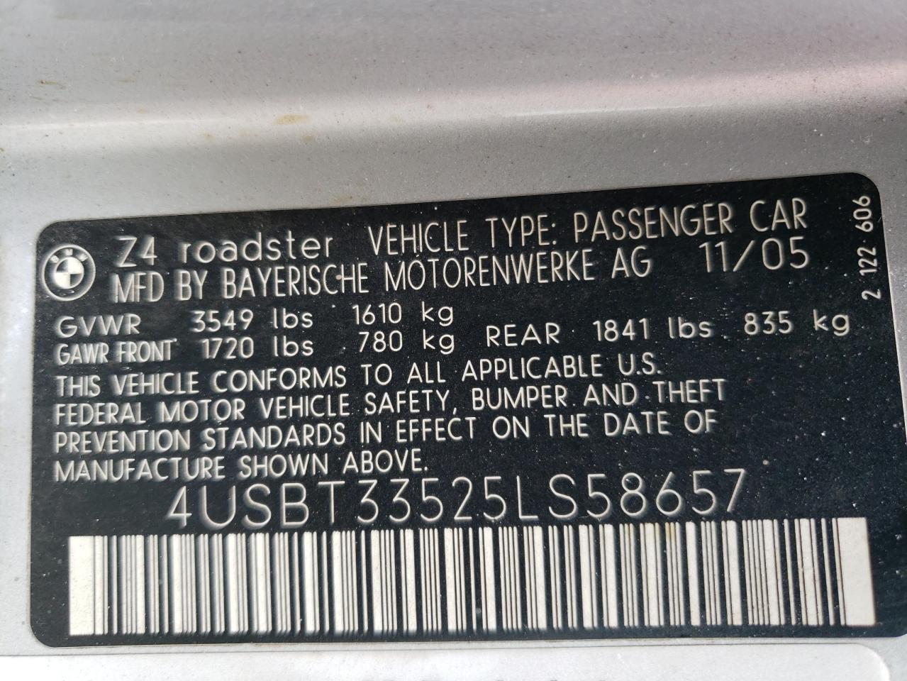4USBT33525LS58657 2005 BMW Z4 2.5