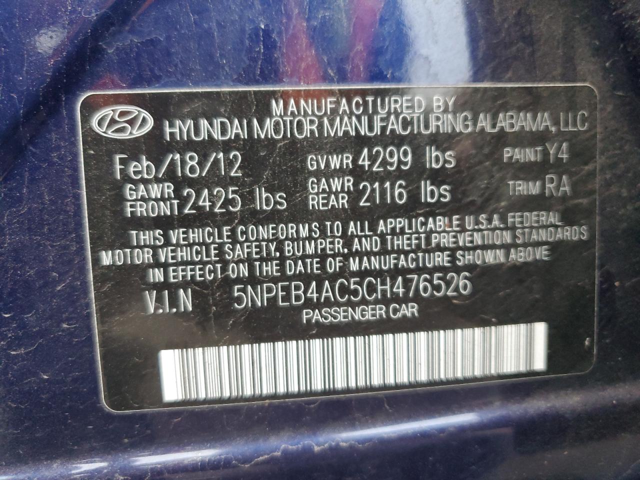 5NPEB4AC5CH476526 2012 Hyundai Sonata Gls
