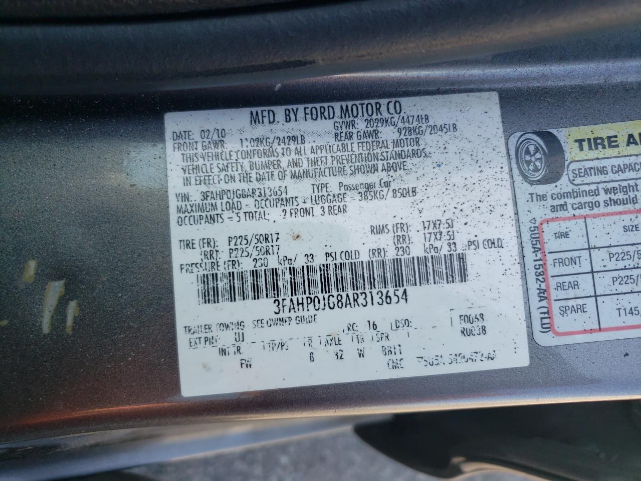 3FAHP0JG8AR313654 2010 Ford Fusion Sel