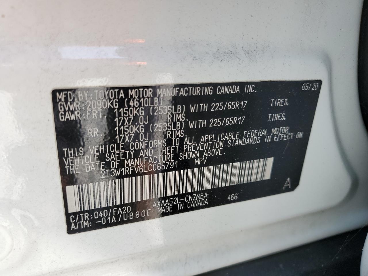 2T3W1RFV6LC065791 2020 Toyota Rav4 Xle