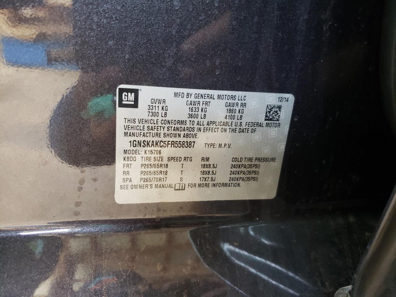 1GNSKAKC5FR558387 2015 Chevrolet Tahoe K1500 Ls