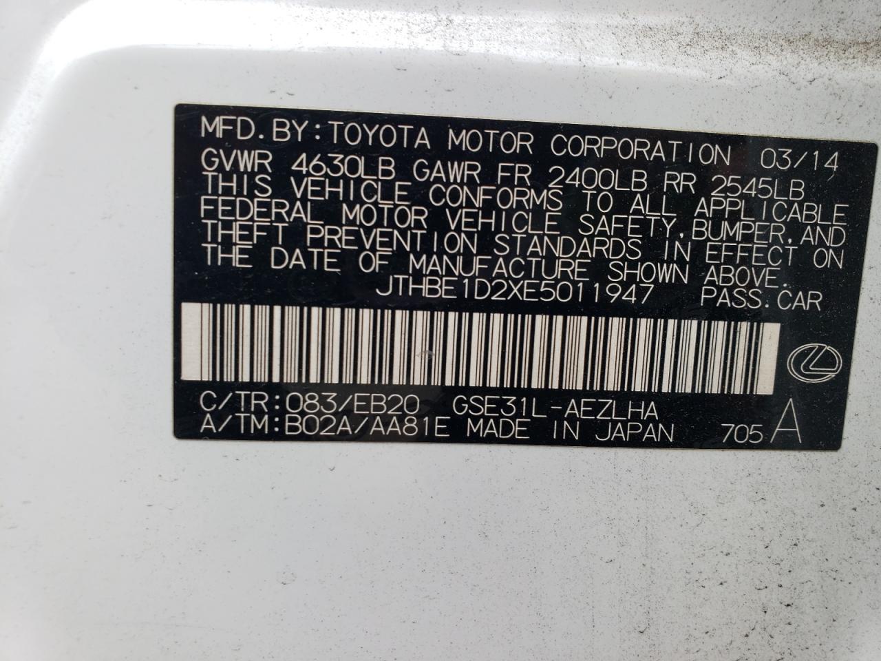 JTHBE1D2XE5011947 2014 Lexus Is 350