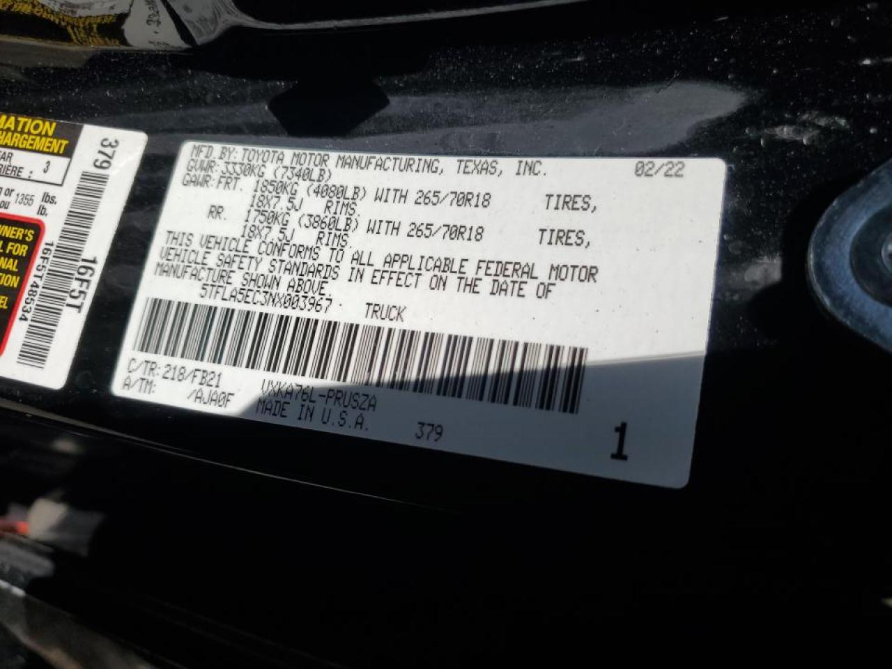 5TFLA5EC3NX003967 2022 Toyota Tundra Crewmax Sr5