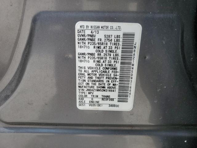 2013 Nissan Murano S VIN: JN8AZ1MW5DW316841 Lot: 61495784