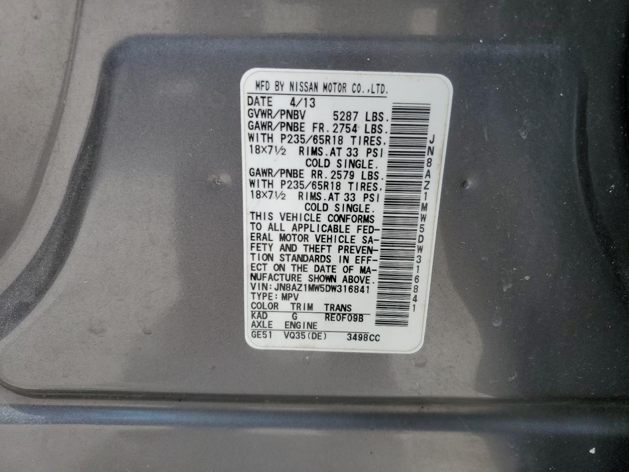 JN8AZ1MW5DW316841 2013 Nissan Murano S