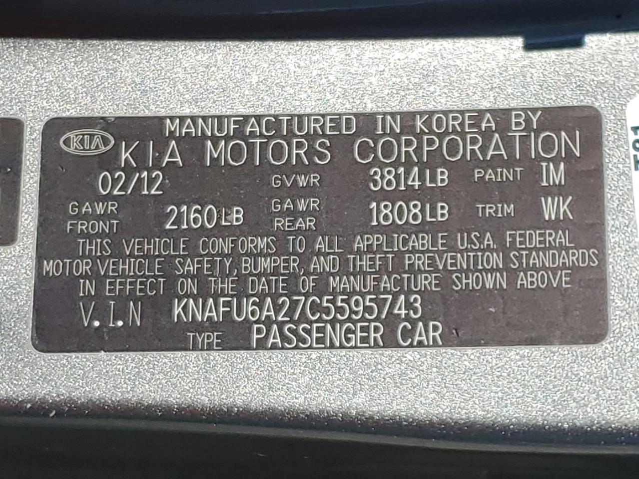 KNAFU6A27C5595743 2012 Kia Forte Ex