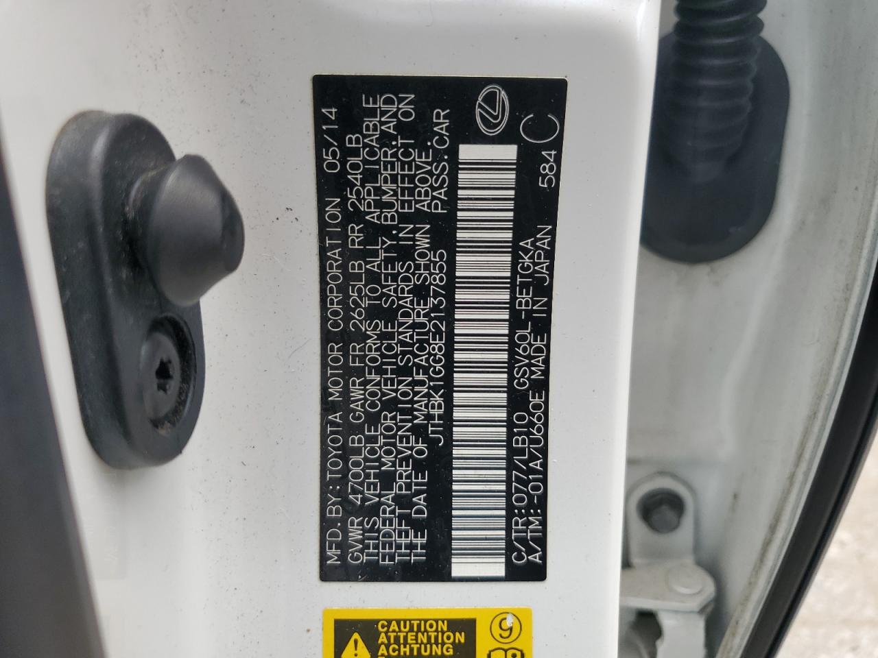 JTHBK1GG8E2137855 2014 Lexus Es 350