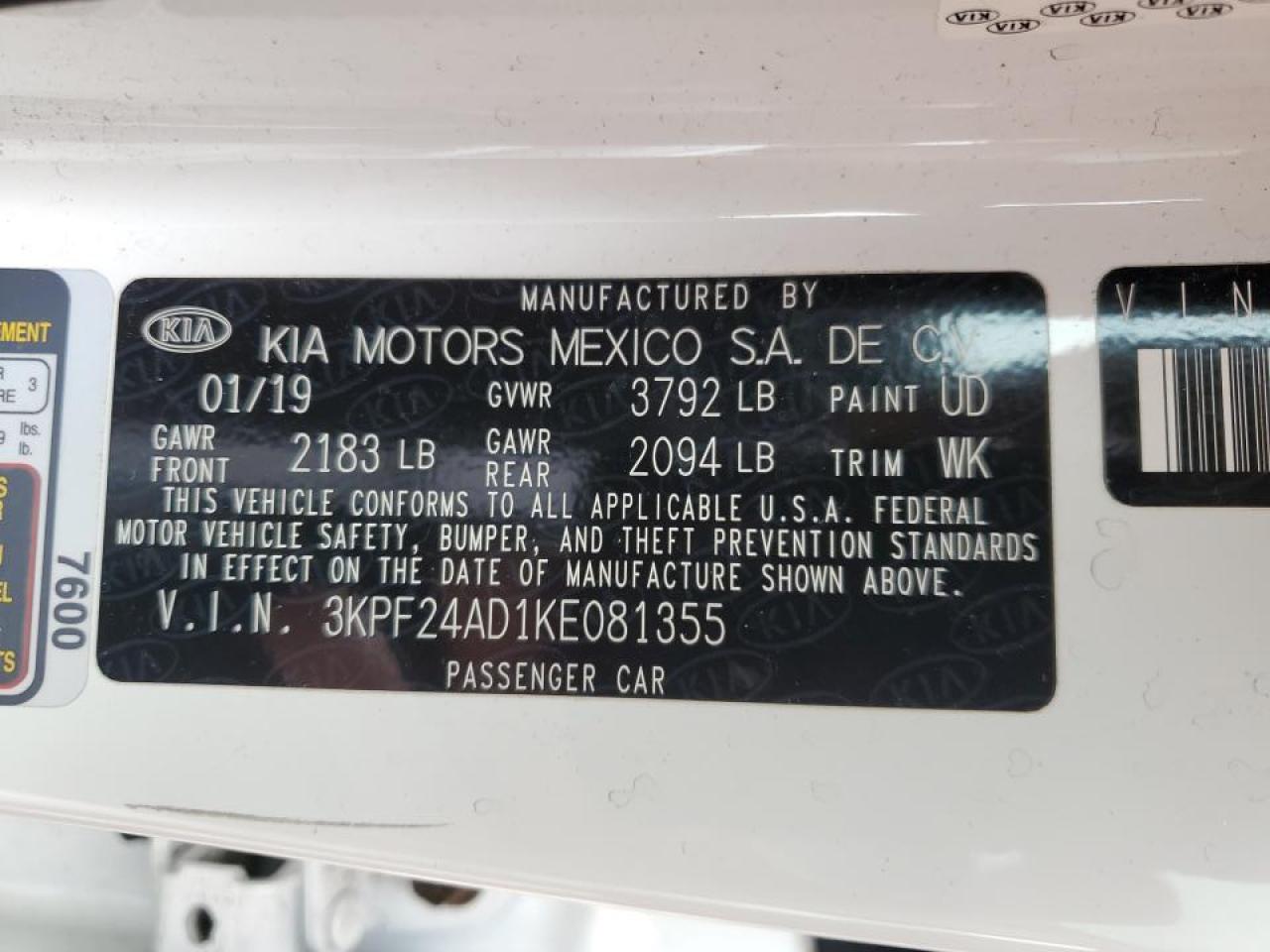 3KPF24AD1KE081355 2019 Kia Forte Fe
