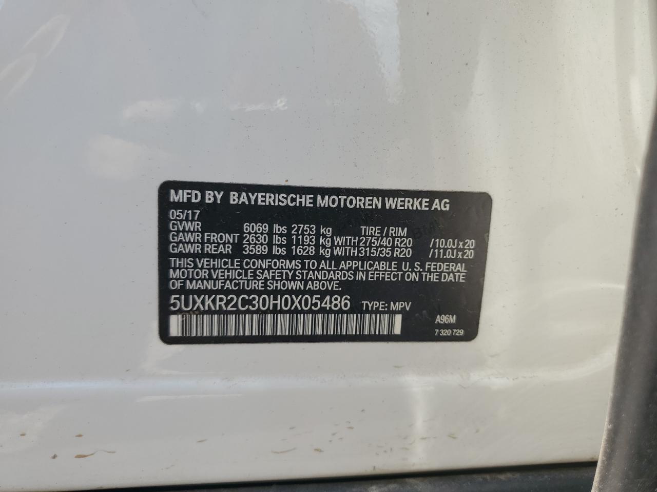 5UXKR2C30H0X05486 2017 BMW X5 Sdrive35I