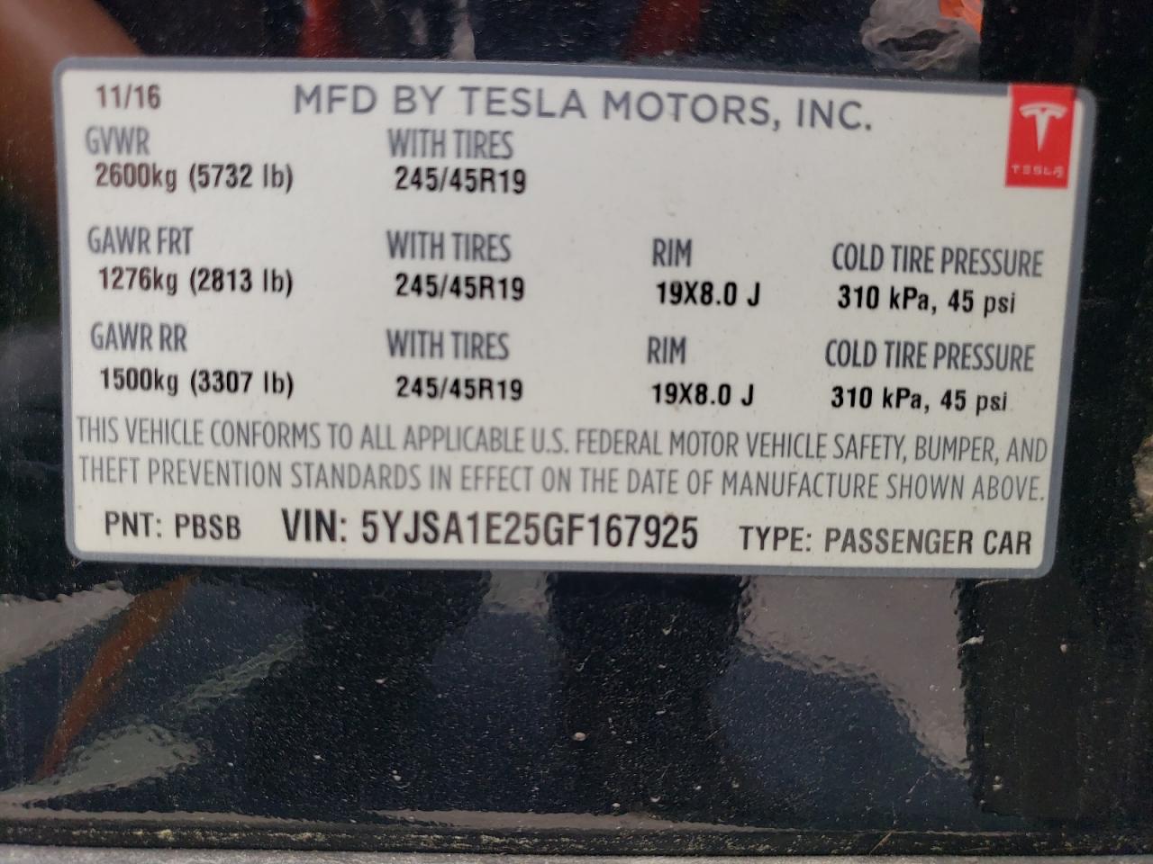 5YJSA1E25GF167925 2016 Tesla Model S